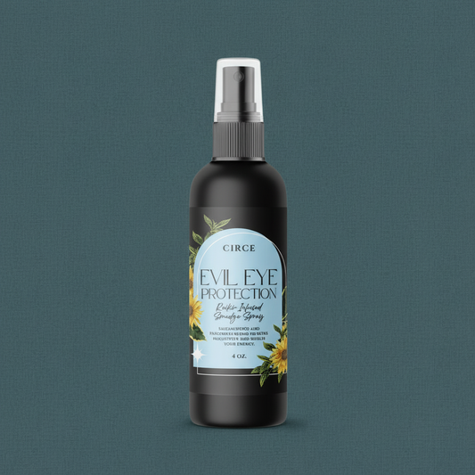 Evil Eye Protection ritual spray bottle with blue label displayed upright on a muted teal linen background with soft natural lighting. — for Carpe Diem Dream