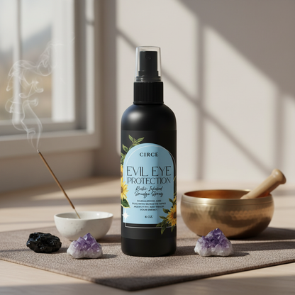 Evil Eye Protection ritual spray bottle displayed with burning incense, singing bowl, and amethyst crystals in a calm meditation ritual setting near a sunlit window. — for Carpe Diem Dream