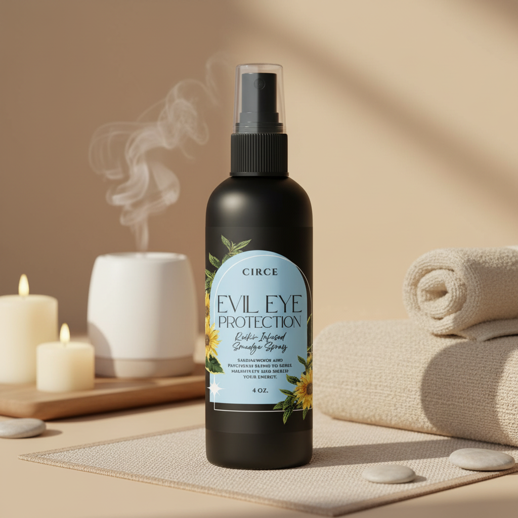Evil Eye Protection ritual spray bottle displayed with rolled spa towels, candles, and a steaming diffuser in a calming spa retreat setting. — for Carpe Diem Dream