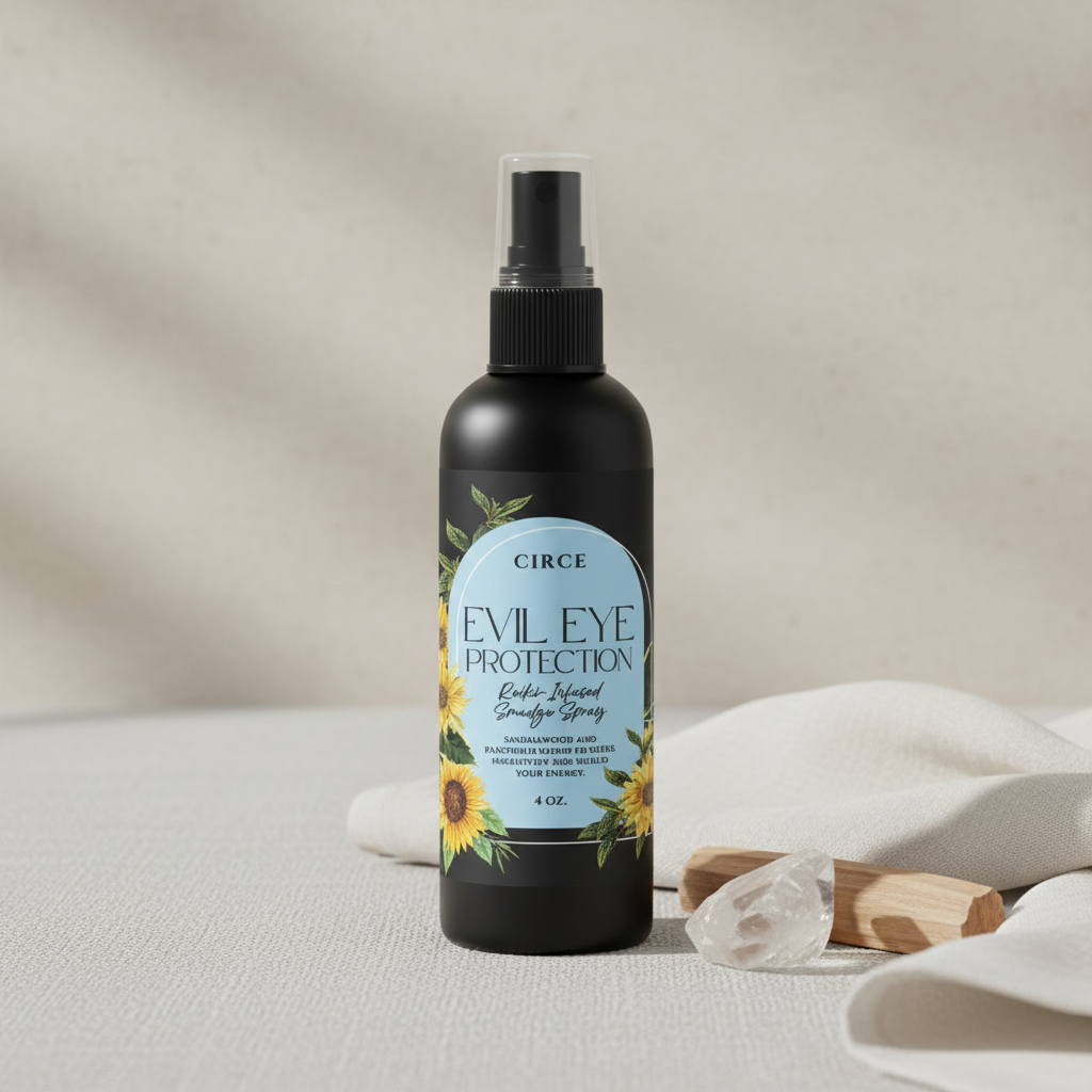 Evil Eye Protection ritual spray bottle displayed on soft neutral fabric with a clear quartz crystal and wooden incense holder in a minimal studio setting. — for Carpe Diem Dream