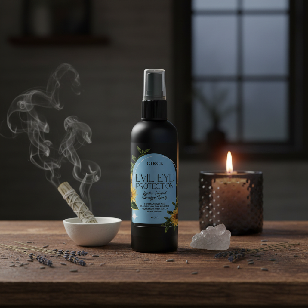 Evil Eye Protection ritual spray bottle displayed with burning sage, candlelight, crystals, and incense smoke in a dark spiritual ritual setting. — for Carpe Diem Dream
