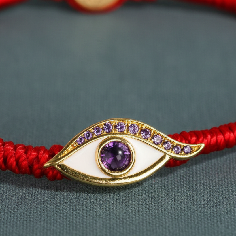 A close-up of a gold-plated Evil Eye charm with an amethyst iris resting on a red string braid atop a muted teal surface. — for Carpe Diem Dream