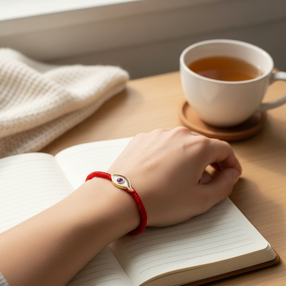 A hand wearing a red string bracelet with an amethyst Evil Eye charm resting on an open journal beside a cup of tea in warm daylight. — for Carpe Diem Dream