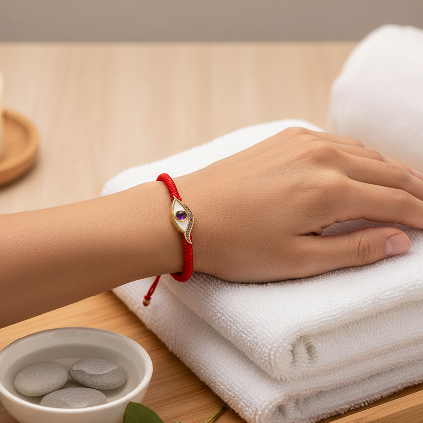 A red string protection bracelet with an amethyst Evil Eye charm shown on a wrist resting atop folded white spa towels beside a bowl of smooth stones on a warm wooden surface. — for Carpe Diem Dream