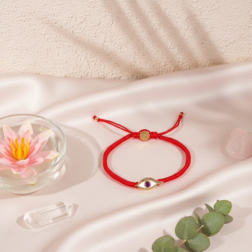 A red string protection bracelet displayed on soft cream satin beside a floating lotus blossom, rose quartz, clear quartz, and eucalyptus leaves under warm natural light. — for Carpe Diem Dream