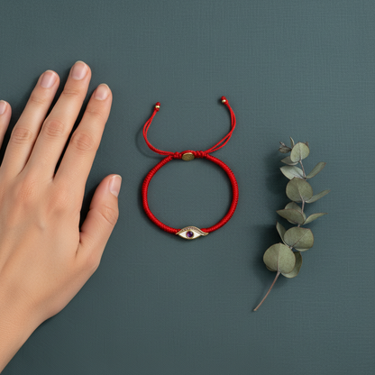 A red string protection bracelet with an amethyst Evil Eye charm shown beside a hand and eucalyptus sprig on a muted teal surface, highlighting scale and natural texture. — for Carpe Diem Dream