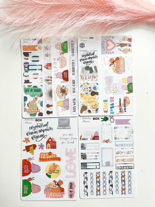 Four 4x6 female empowerment planner sticker sheets featuring colorful illustrations and motivational elements arranged on a white background with pink feather accent. — for Carpe Diem Dream