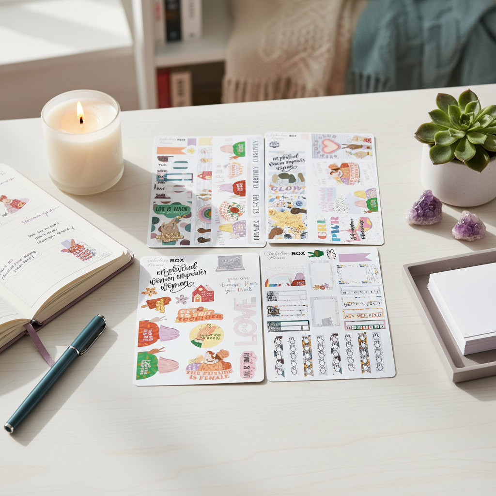 Female empowerment planner sticker kit displayed on a desk beside a lit candle, open journal, pen, and crystals in a calm workspace setting. — for Carpe Diem Dream