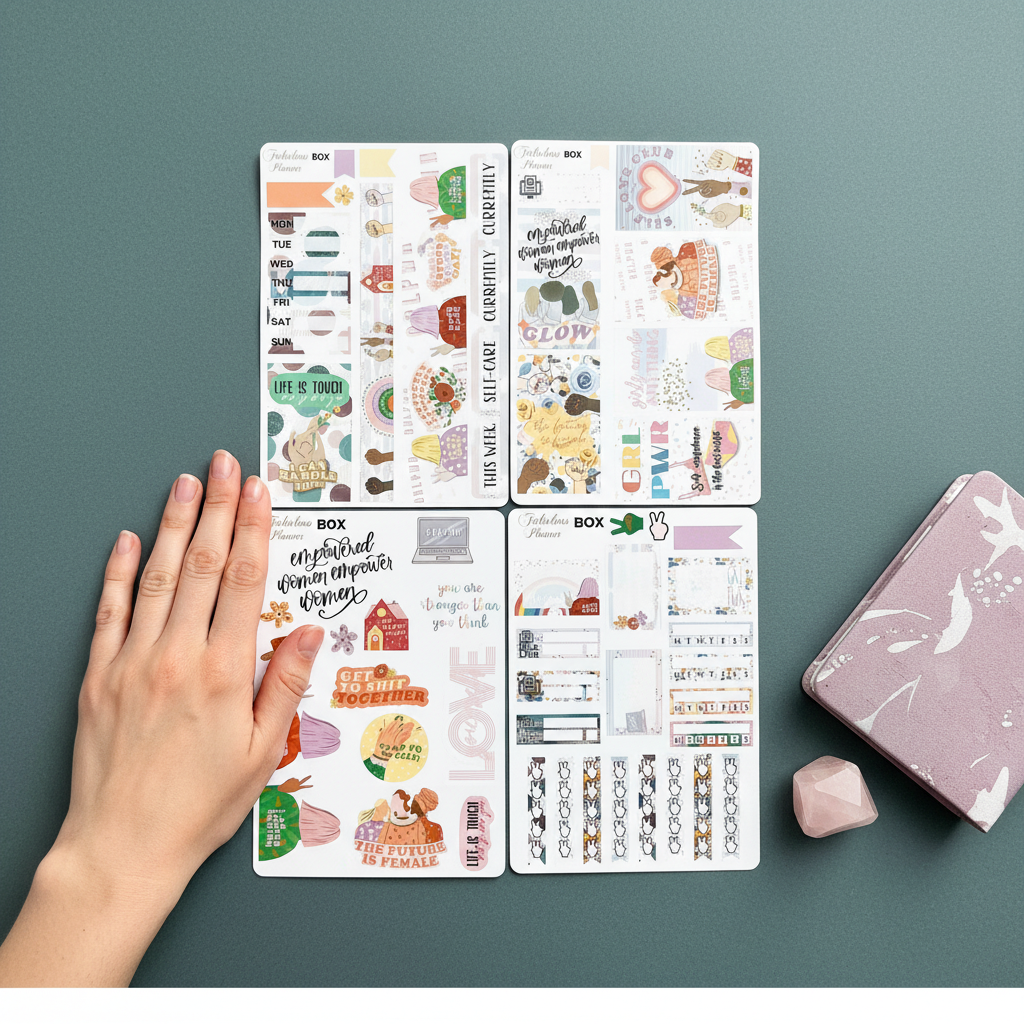 Female empowerment planner sticker kit shown on muted green background with a hand for scale beside a mauve notebook and crystal. — for Carpe Diem Dream