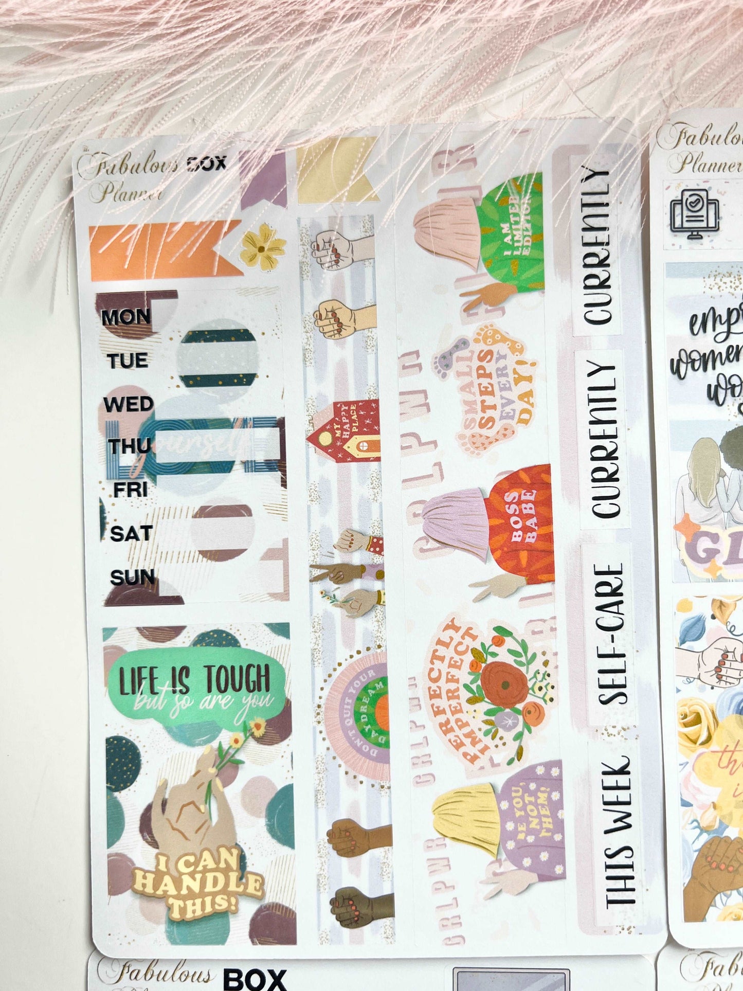4x6 female empowerment planner sticker sheet featuring motivational phrases, illustrated women, and weekly planning headers on a white background with pink feather accent. — for Carpe Diem Dream