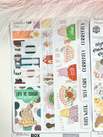 4x6 female empowerment planner sticker sheet featuring motivational phrases, illustrated women, and weekly planning headers on a white background with pink feather accent. — for Carpe Diem Dream
