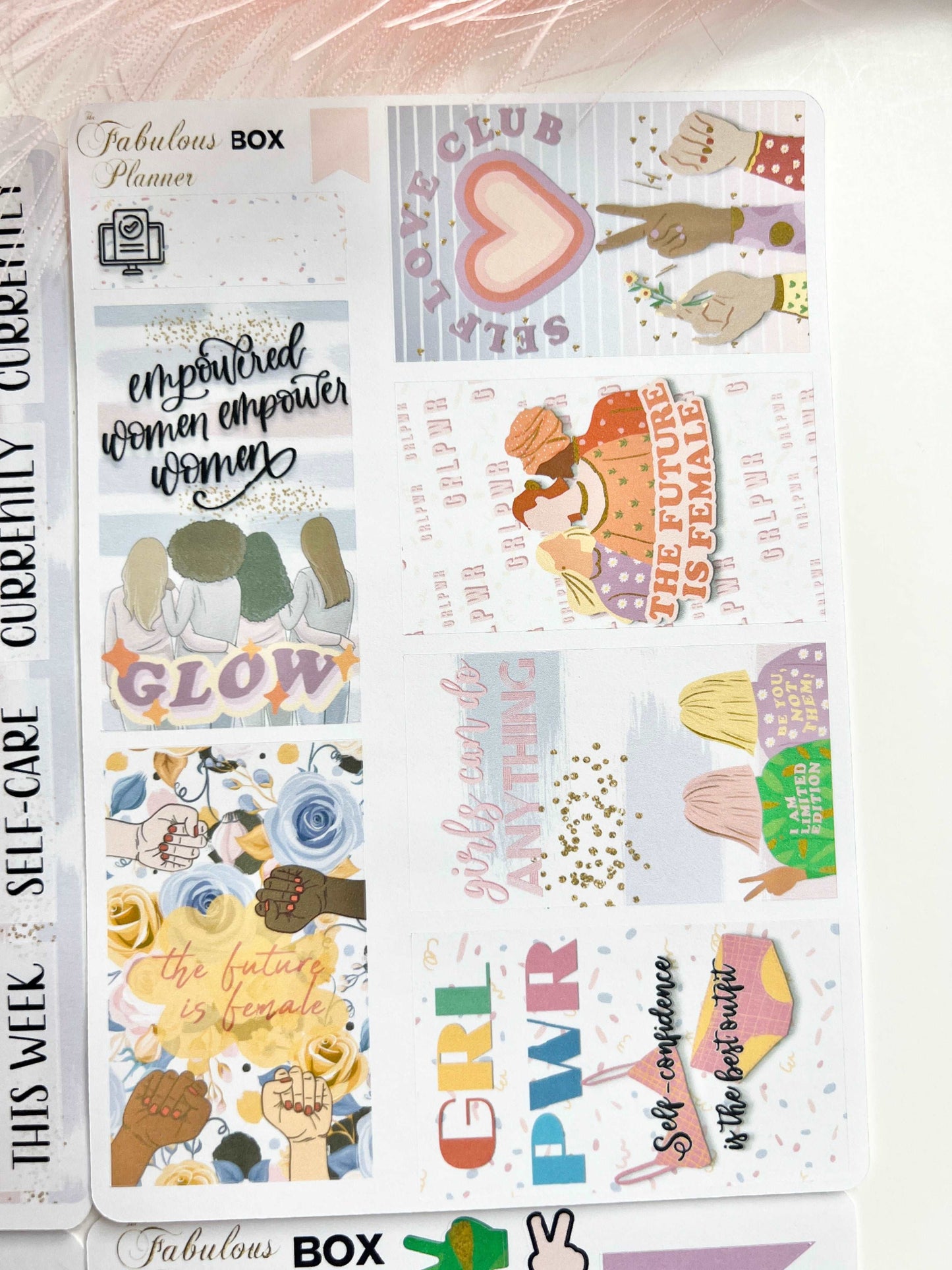 4x6 female empowerment planner sticker sheet featuring motivational quotes, empowerment graphics, and decorative elements on a white background with pink feather accent. — for Carpe Diem Dream