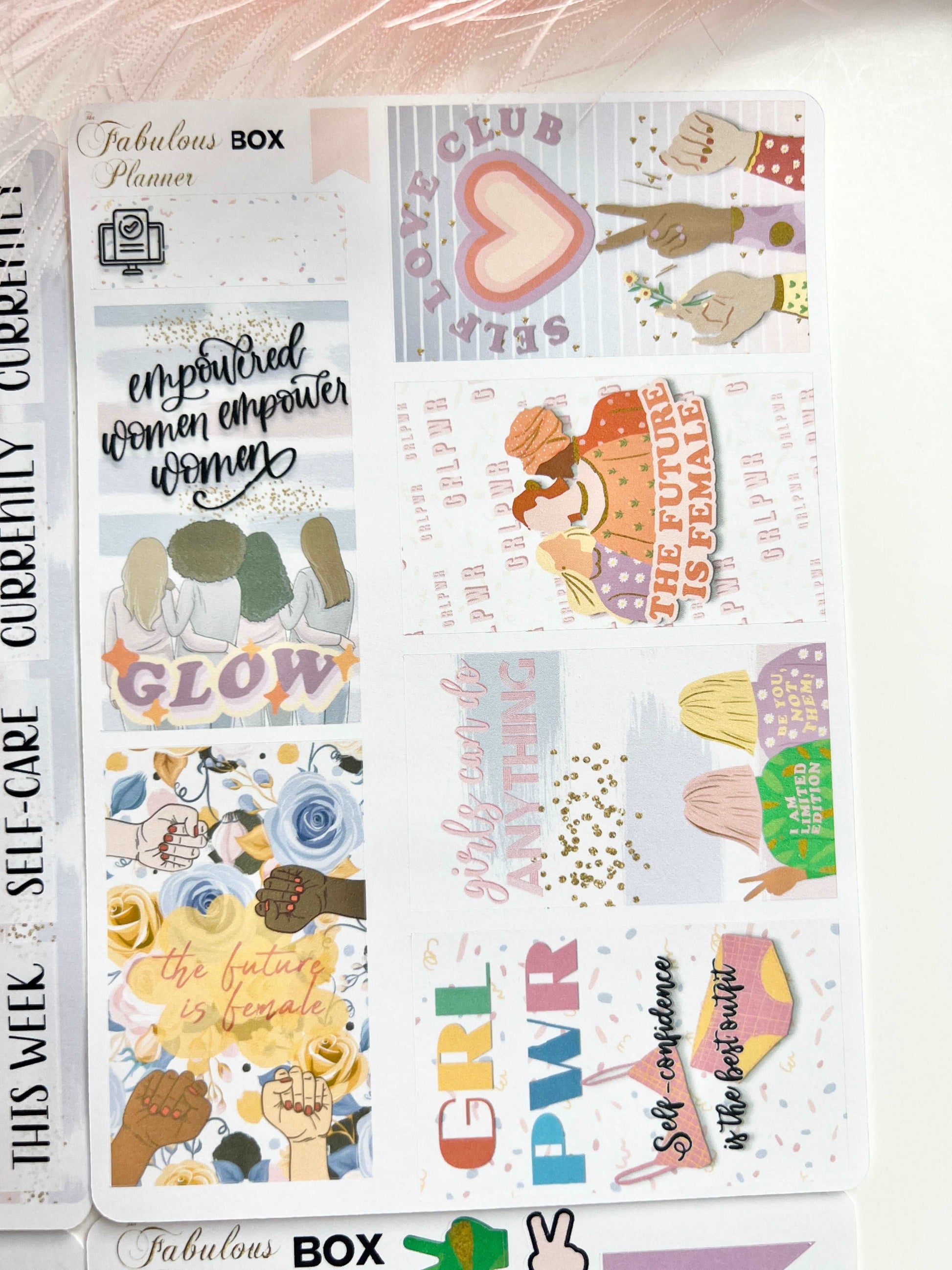 4x6 female empowerment planner sticker sheet featuring motivational quotes, empowerment graphics, and decorative elements on a white background with pink feather accent. — for Carpe Diem Dream
