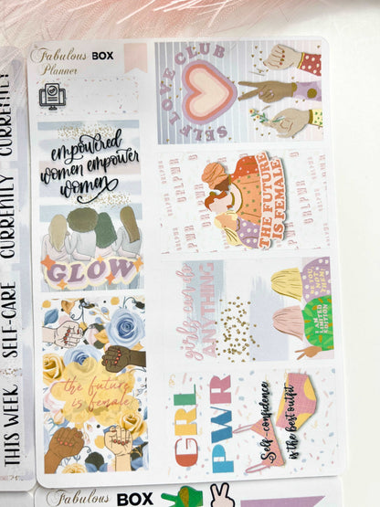 4x6 female empowerment planner sticker sheet featuring motivational quotes, empowerment graphics, and decorative elements on a white background with pink feather accent. — for Carpe Diem Dream