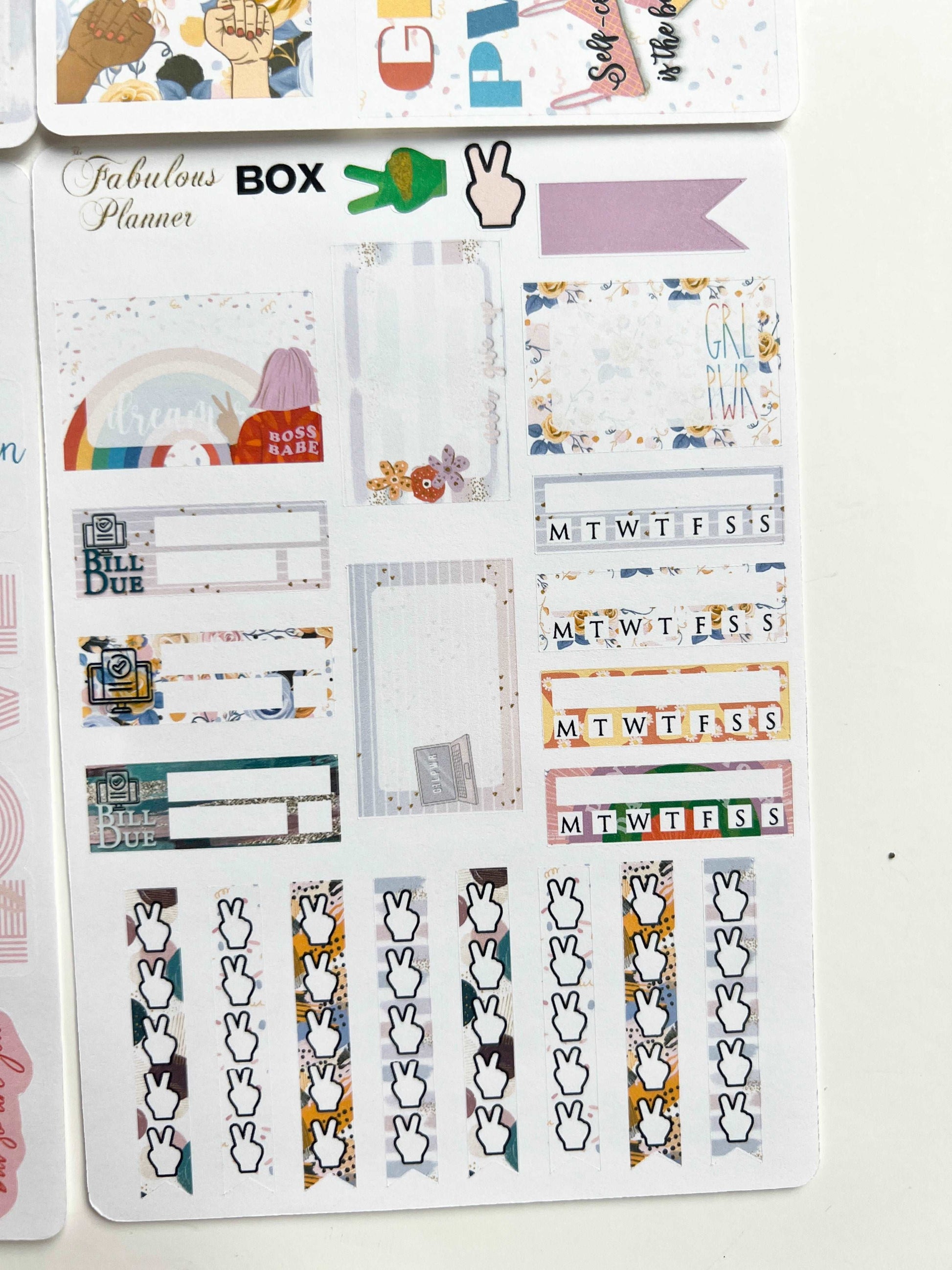 4x6 female empowerment planner sticker sheet featuring weekly labels, checklist icons, decorative headers, and colorful planning elements on a white background with pink feather accent. — for Carpe Diem Dream