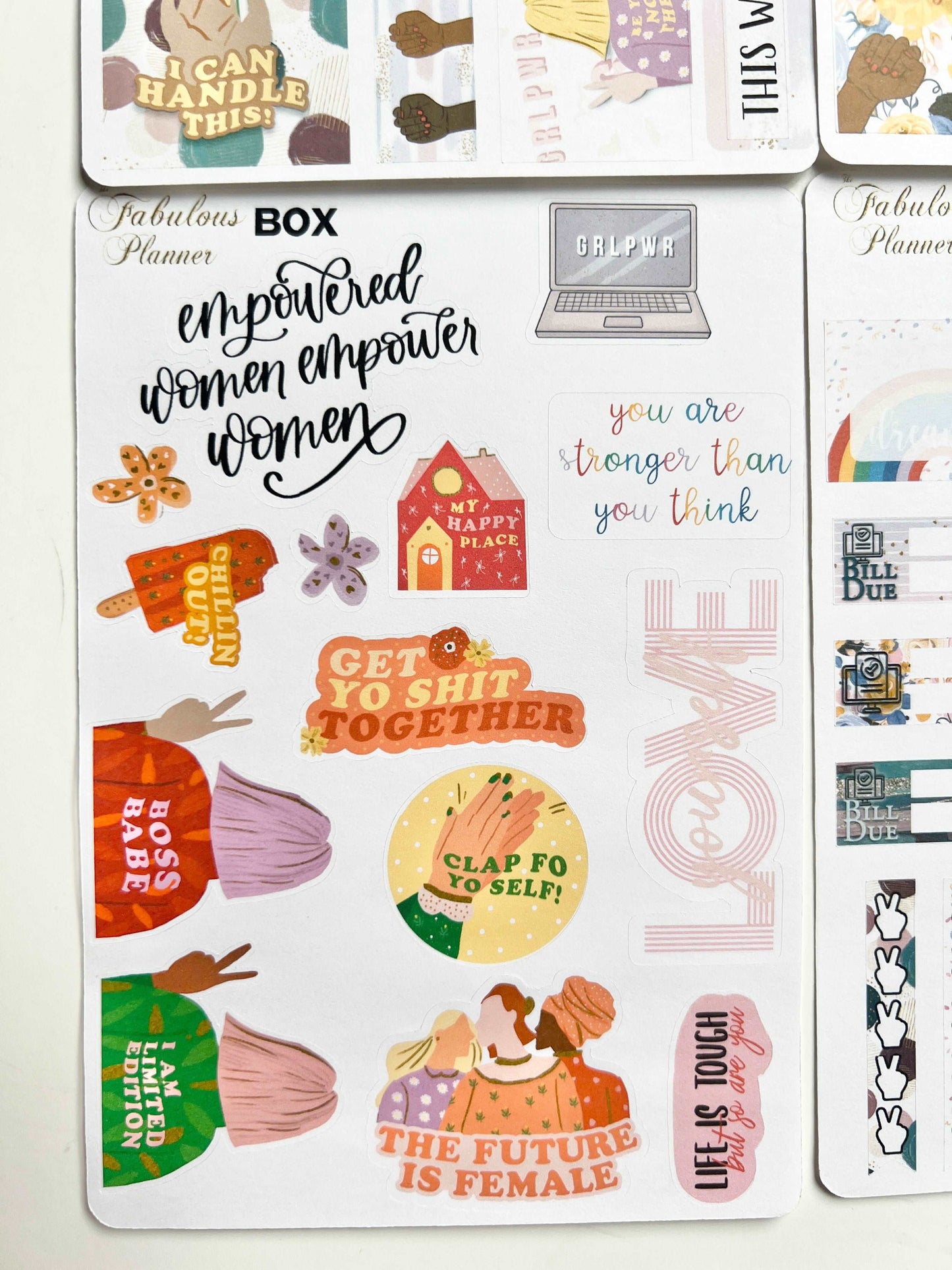 4x6 female empowerment planner sticker sheet featuring motivational quotes, illustrated women, empowerment graphics, and decorative elements on a white background with pink feather accent. — for Carpe Diem Dream