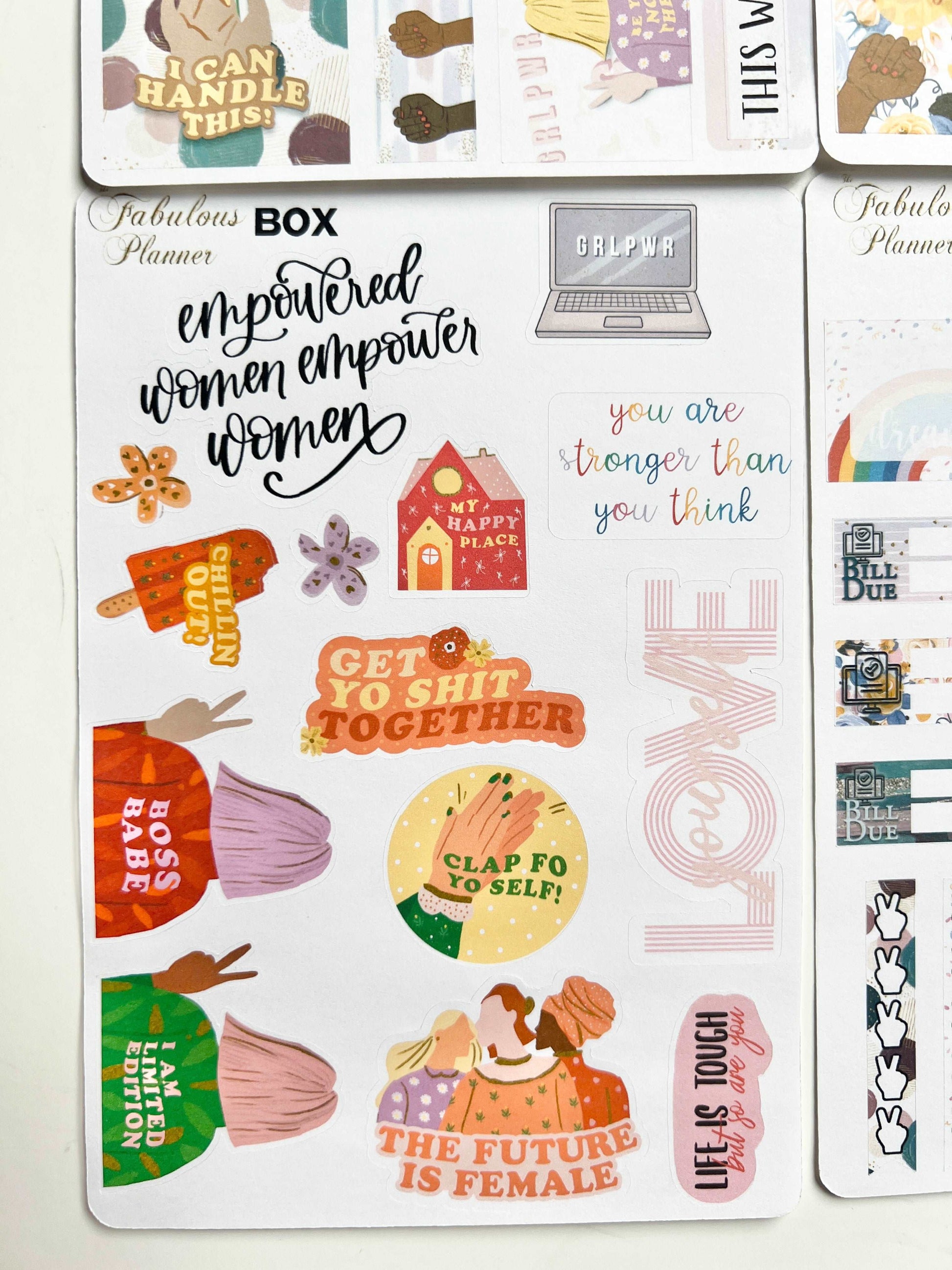 4x6 female empowerment planner sticker sheet featuring motivational quotes, illustrated women, empowerment graphics, and decorative elements on a white background with pink feather accent. — for Carpe Diem Dream