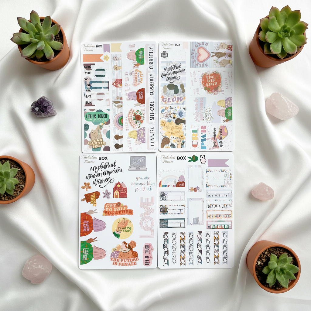 Female empowerment planner sticker kit displayed flat lay on soft white fabric with small succulents and crystals surrounding the 4x6 sticker sheets. — for Carpe Diem Dream