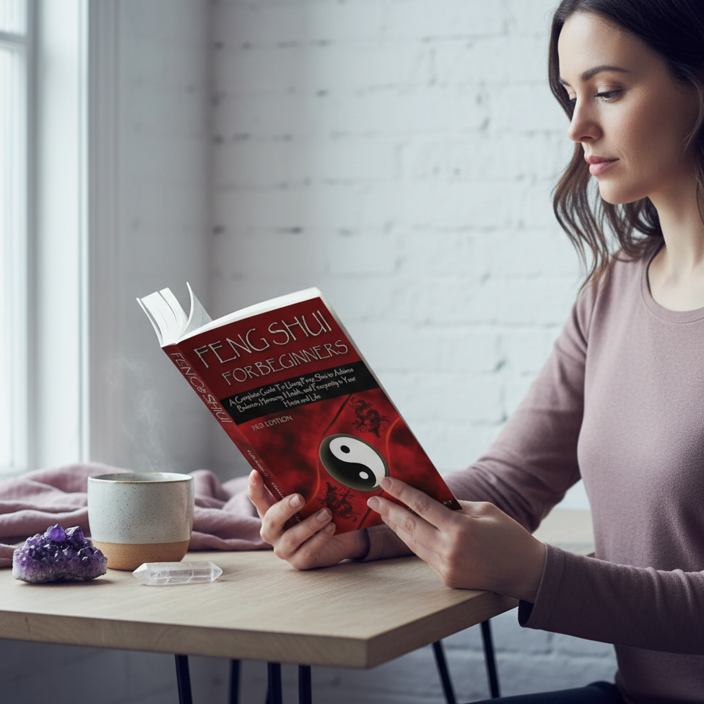 Person reading Feng Shui for Beginners beside tea and crystals in a calm, intentional workspace. — for Carpe Diem Dream