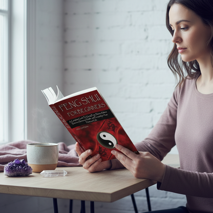 Person reading Feng Shui for Beginners beside tea and crystals in a calm, intentional workspace. — for Carpe Diem Dream