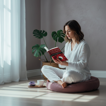 Person reading Feng Shui for Beginners while seated on a meditation cushion in a peaceful home sanctuary setting. — for Carpe Diem Dream