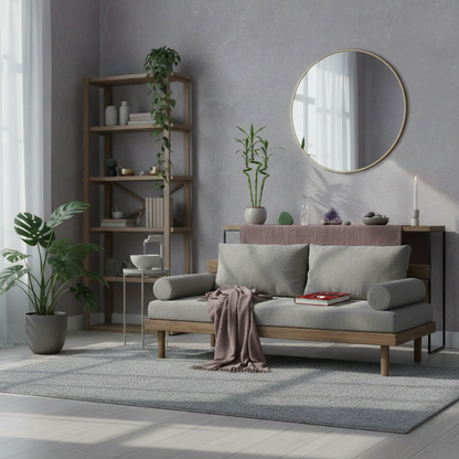 Balanced Feng Shui-inspired living room featuring natural light, healthy plants, harmonious furniture placement, crystals, and calming neutral décor. — for Carpe Diem Dream
