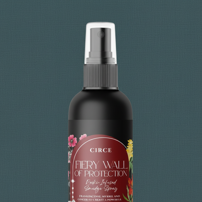 Close-up view of Fiery Wall of Protection Smudge Spray bottle showing the red protection label and spray nozzle. — for Carpe Diem Dream