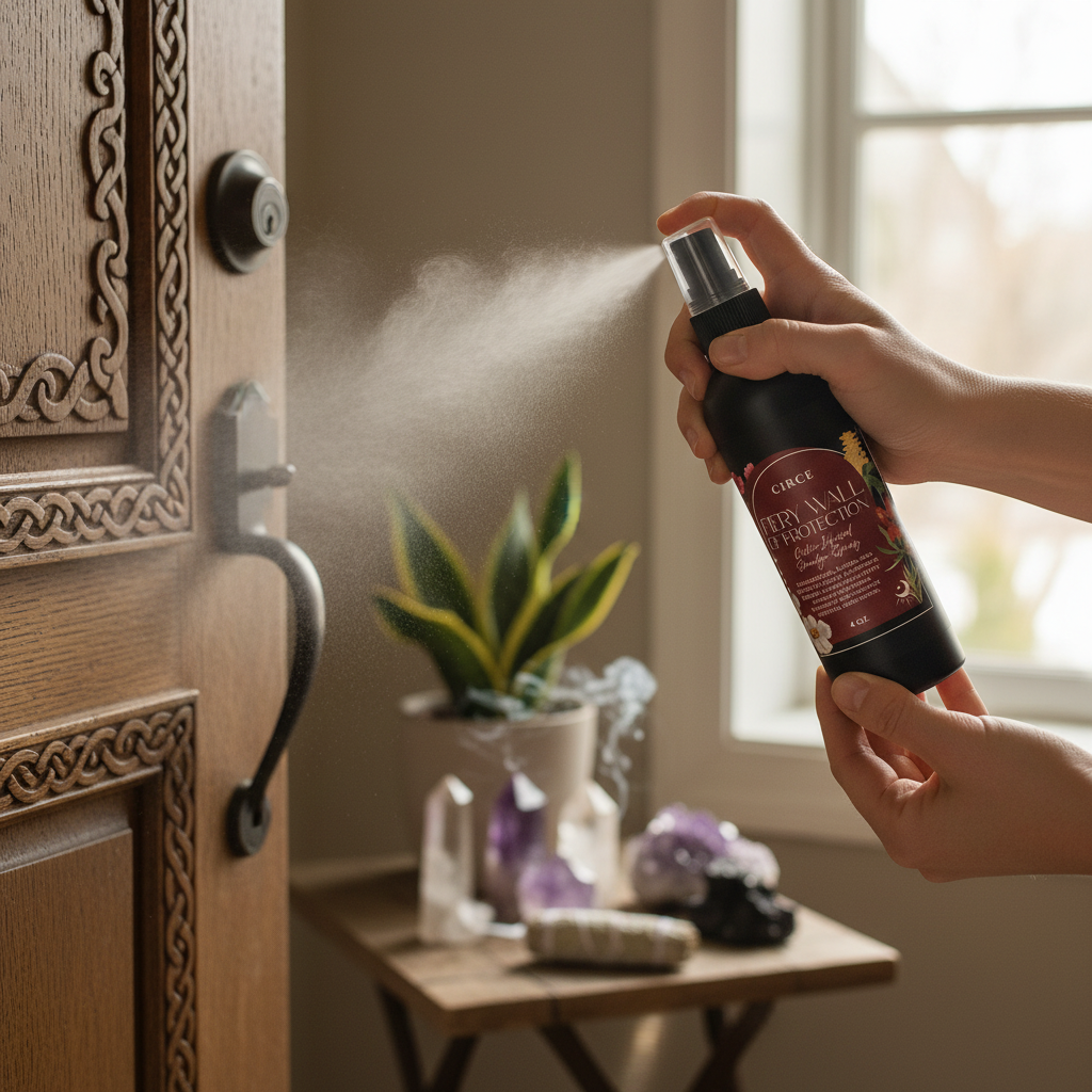 Hand spraying Fiery Wall of Protection Smudge Spray near a doorway with crystals and plants in a home setting. — for Carpe Diem Dream