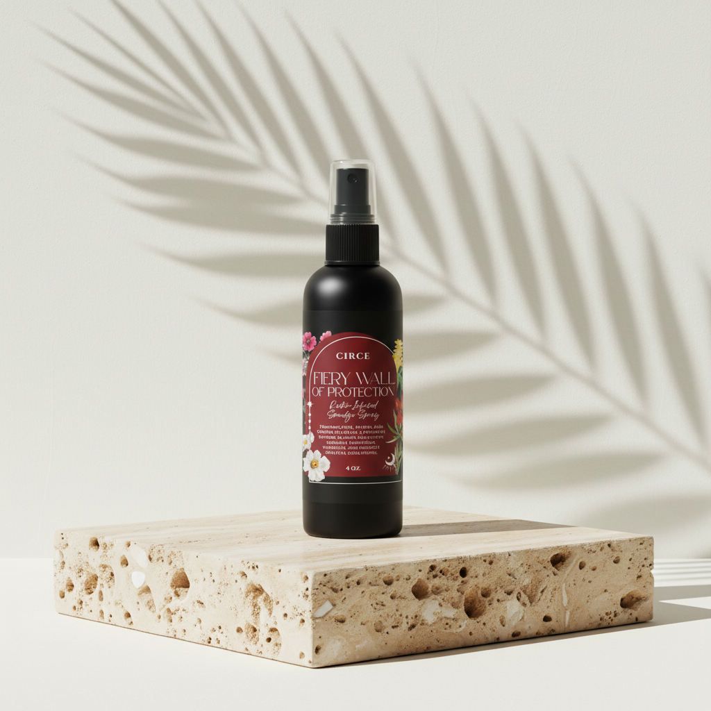 Fiery Wall of Protection Smudge Spray bottle displayed on a travertine pedestal with soft botanical shadow on a neutral background. — for Carpe Diem Dream