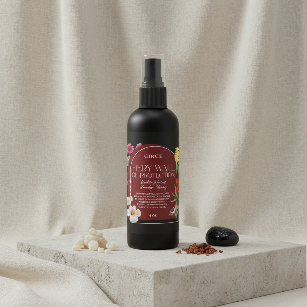Fiery Wall of Protection Smudge Spray bottle displayed on a stone pedestal with crystals and botanicals against a soft linen backdrop. — for Carpe Diem Dream