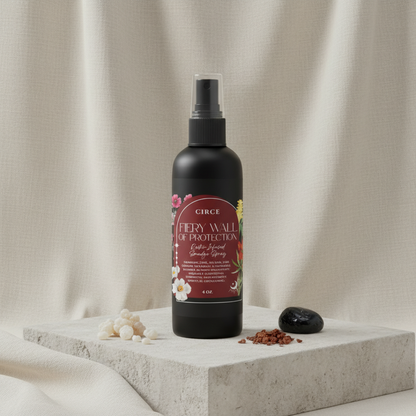 Fiery Wall of Protection Smudge Spray bottle displayed on a stone pedestal with crystals and botanicals against a soft linen backdrop. — for Carpe Diem Dream