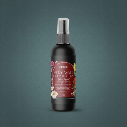 Fiery Wall of Protection Smudge Spray bottle with red label displayed on a muted teal background. — for Carpe Diem Dream