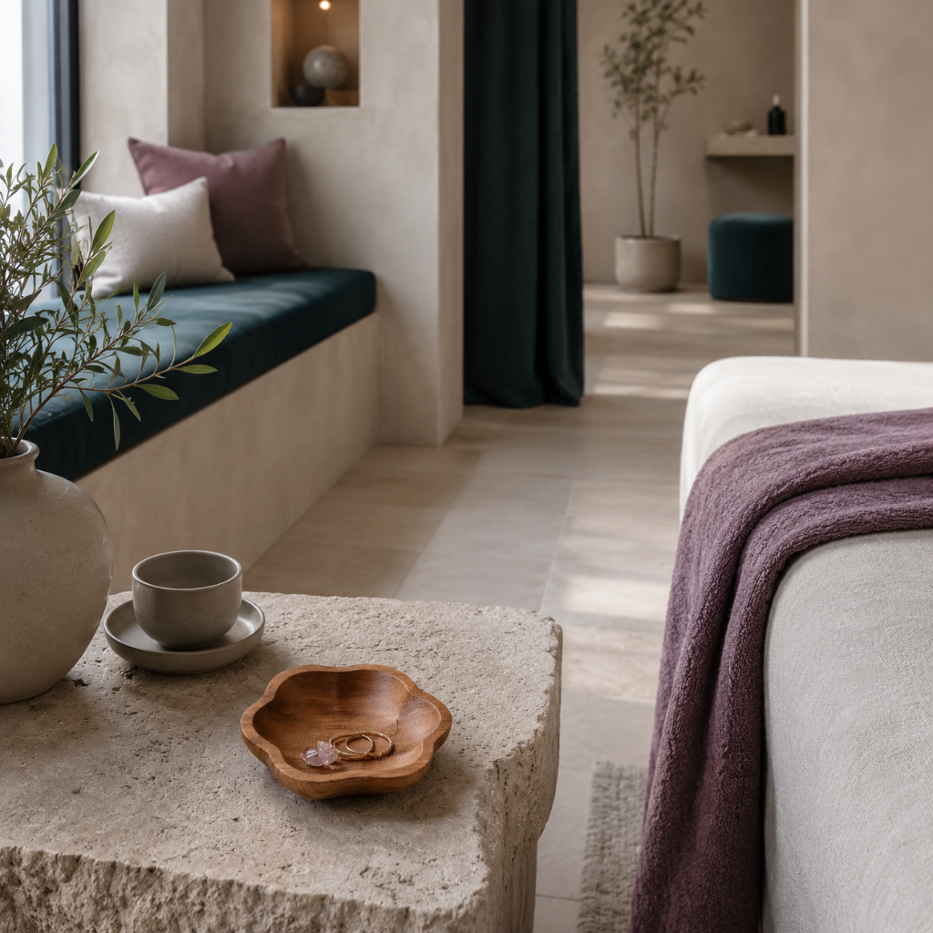 Small hand-carved teak catch all dish styled on a stone spa table with jewelry, crystals, mauve textiles, and dark teal accents. — for Carpe Diem Dream