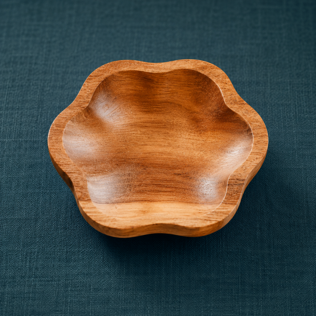 Single hand-carved teak catch all dish with natural wood grain and flower-shaped edges on a dark teal textured linen backdrop. — for Carpe Diem Dream