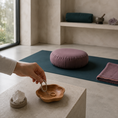 Small hand-carved teak catch all dish shown in use with mala beads and crystals in a serene meditation space. — for Carpe Diem Dream