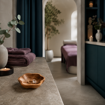 Hand-carved Flora Teak Catch All dish styled in a serene spa retreat scene with soft textiles, warm white ceramics, and calming wellness accents. — for Carpe Diem Dream