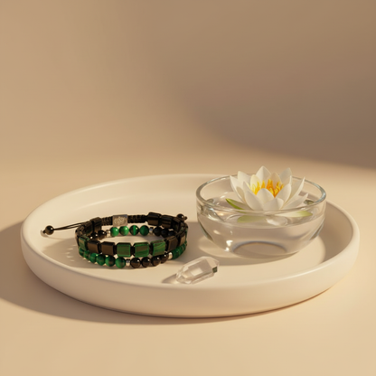 A malachite and black tourmaline bracelet set arranged on a wide white ritual dish beside a glass bowl holding a floating lotus flower, illuminated by warm directional light. — for Carpe Diem Dream