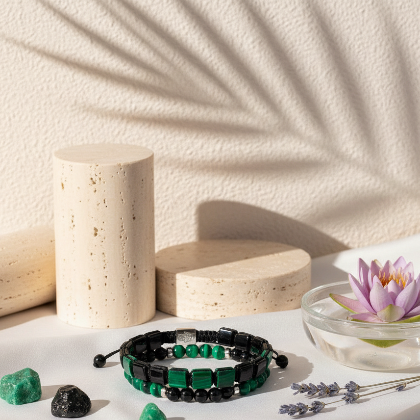 A malachite and black tourmaline bracelet set arranged on a white studio surface beside travertine cylinders, lavender sprigs, and a lotus flower in a glass bowl illuminated by soft directional light. — for Carpe Diem Dream