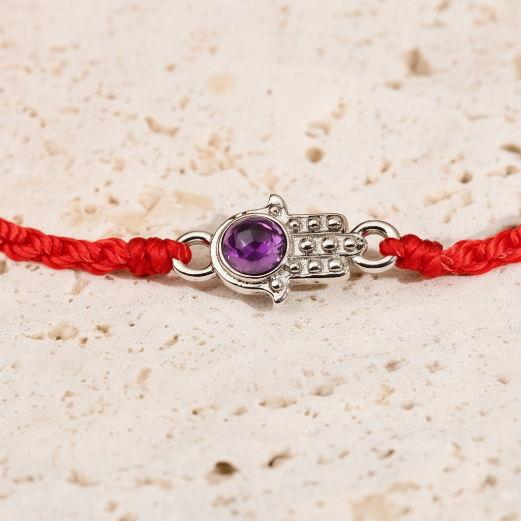 Close-up view of the silver Hamsa charm with amethyst on a red string bracelet displayed on a textured travertine surface. — for Carpe Diem Dream