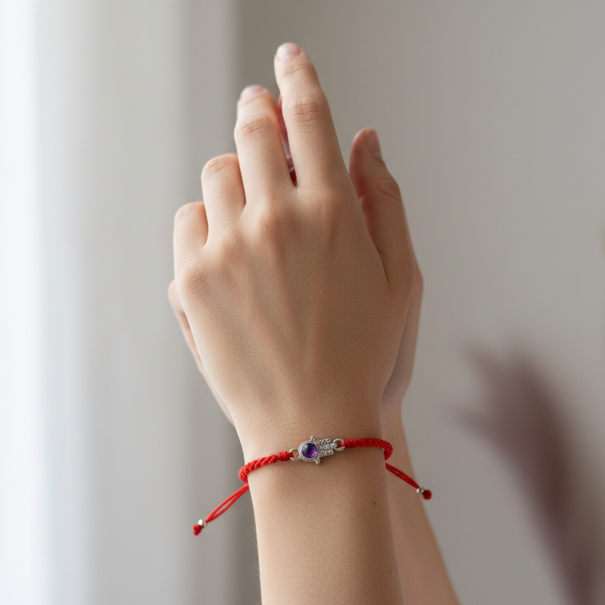 Red string bracelet with a silver Hamsa charm and amethyst shown on a raised hand against soft natural lighting and blurred shadows. — for Carpe Diem Dream