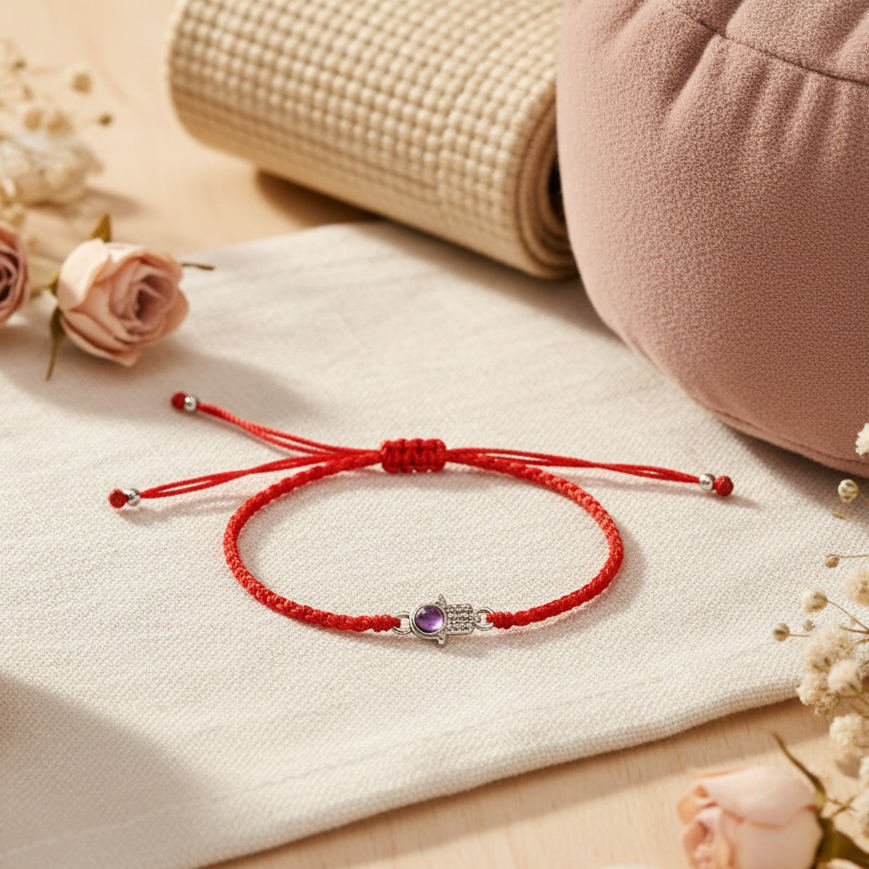 Red string bracelet with a silver Hamsa charm and amethyst resting on soft meditation props with gentle natural lighting and neutral tones. — for Carpe Diem Dream