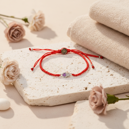 Red string bracelet with a silver Hamsa charm and amethyst displayed on soft spa towels with gentle floral shadows — for Carpe Diem Dream
