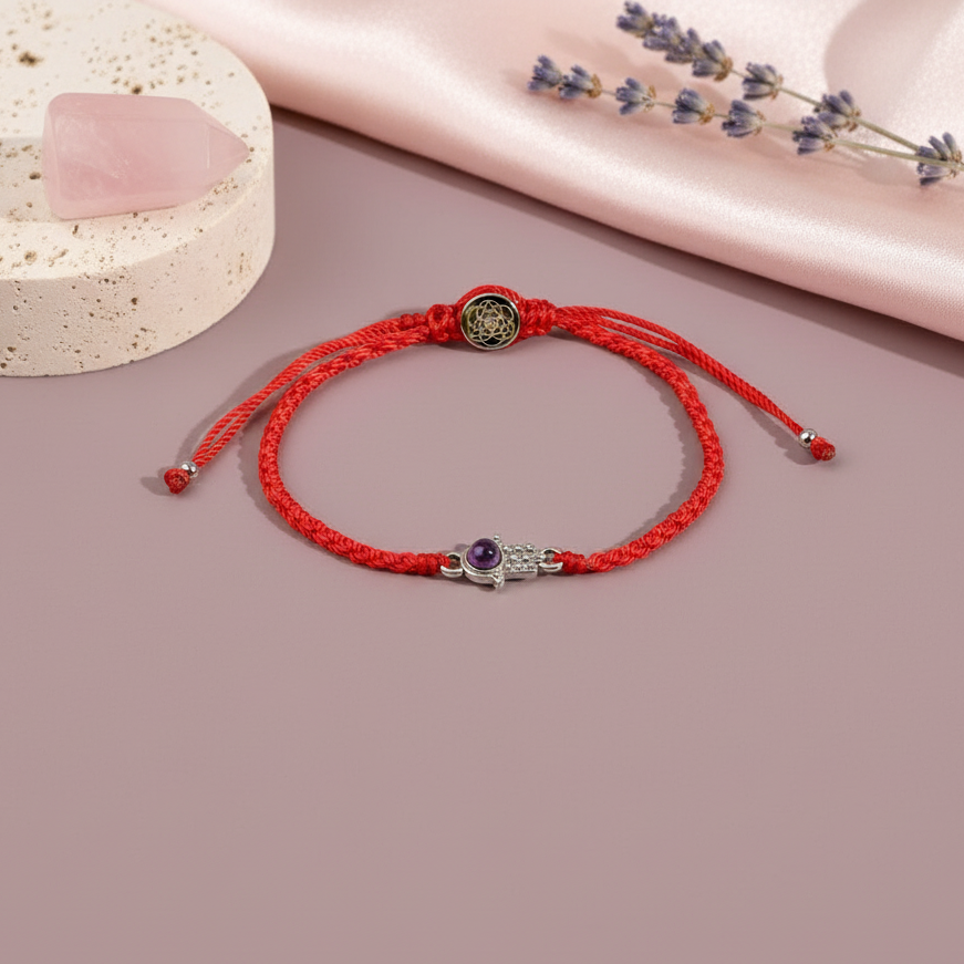 Red string bracelet with a silver Hamsa charm and amethyst displayed on a textured studio surface with soft lighting — for Carpe Diem Dream