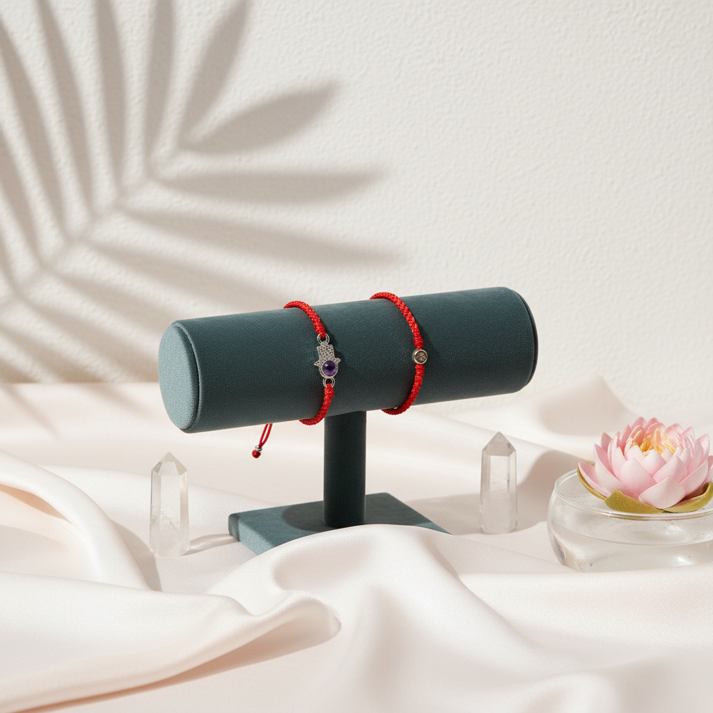 Red string bracelet with a silver Hamsa charm and crystal displayed on a velvet jewelry stand with silk draping and soft botanical shadows. — for Carpe Diem Dream