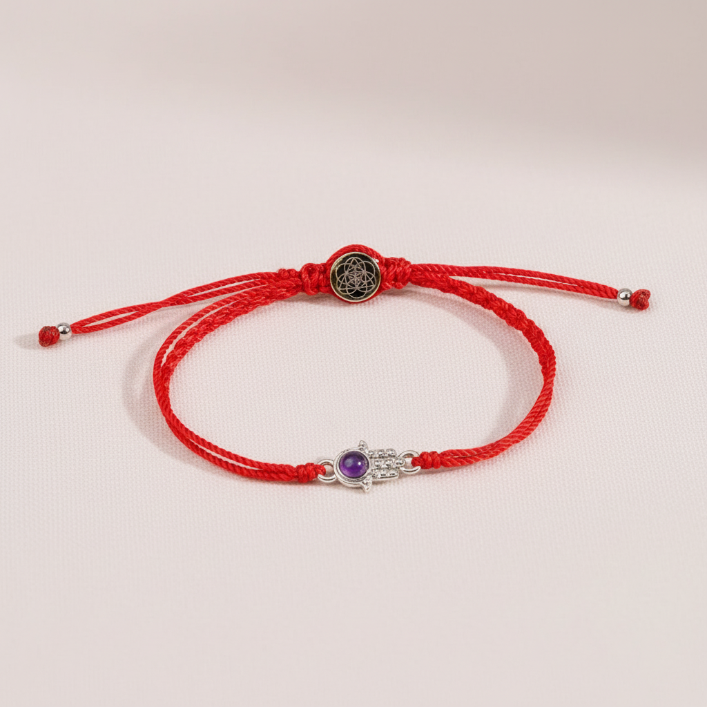 Red string bracelet with a silver Hamsa charm and amethyst displayed on softly lit blush silk fabric. — for Carpe Diem Dream
