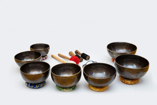 Seven Tibetan singing bowls arranged with embroidered chakra cushions, mallets, rotating sticks, and tingsha cymbals on a white background. — for Carpe Diem Dream