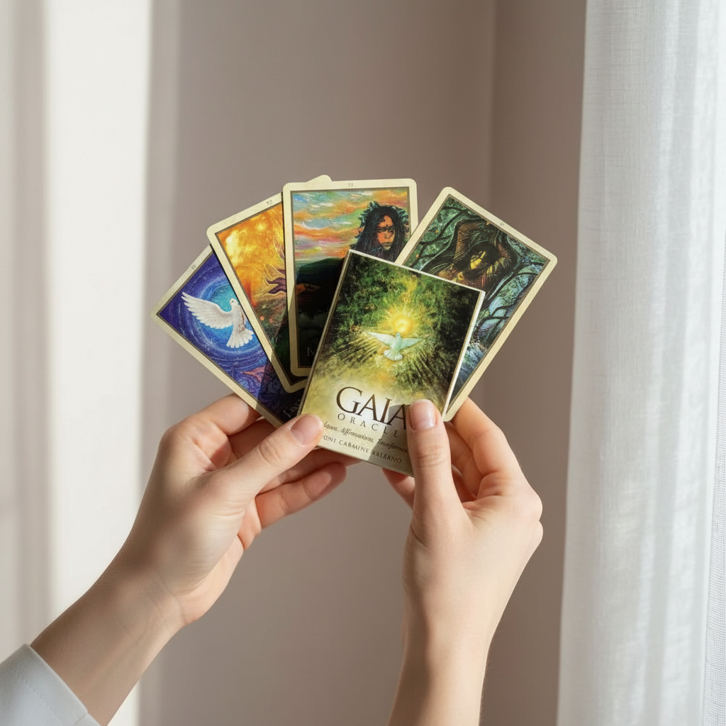 A hand holds several Gaia Oracle Cards fanned out, showing the size, artwork, and real-life scale of the deck in natural light. — for Carpe Diem Dream