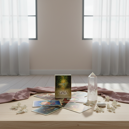 A Gaia Oracle Cards deck is arranged on a wooden surface with cards, a clear crystal point, and soft draped fabric in a bright, serene lifestyle setting. — for Carpe Diem Dream