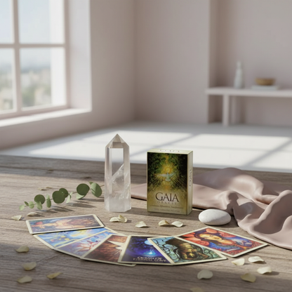 A Gaia Oracle Cards deck is displayed with a crystal point, scattered cards, and soft fabric in a serene, sunlit ritual setting. — for Carpe Diem Dream