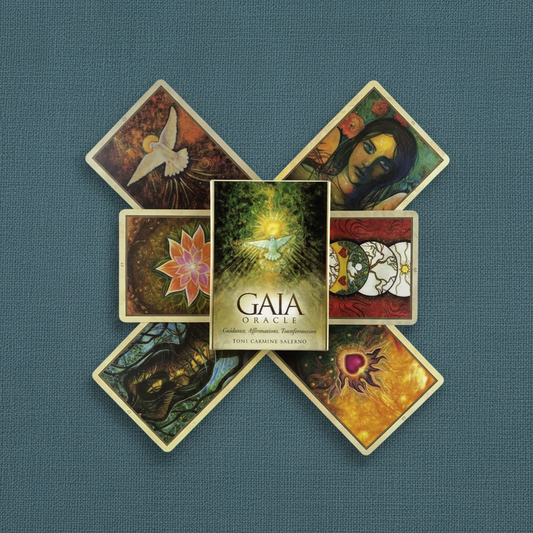 A Gaia Oracle Cards deck is arranged in a symmetrical spread with illustrated cards radiating outward on a deep teal textured background. — for Carpe Diem Dream